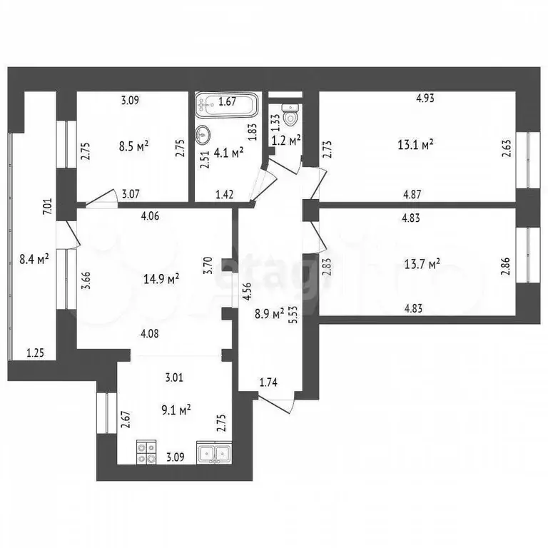 4-к. квартира, 73,5 м, 8/9 эт. - Фото 1