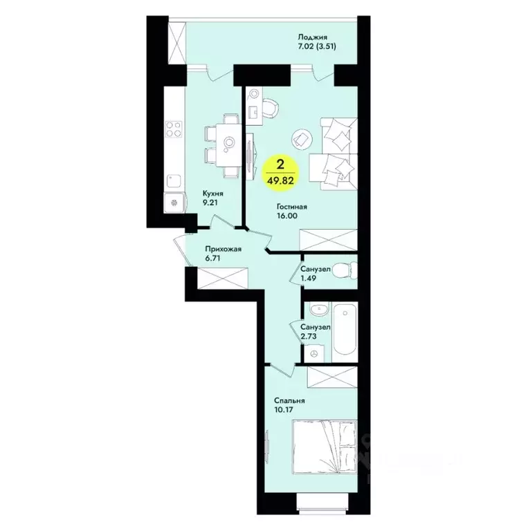 2-к кв. Марий Эл, Йошкар-Ола  (51.6 м) - Фото 1