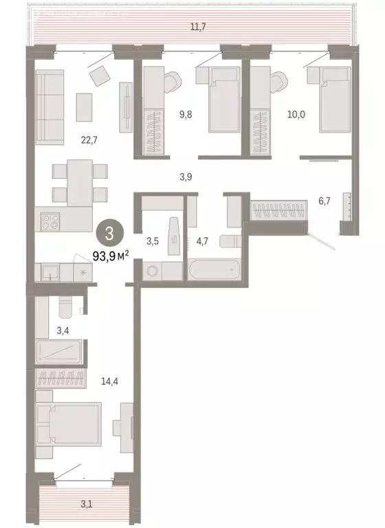 3-комнатная квартира: Тюмень, жилой комплекс На Минской (93.91 м) - Фото 1