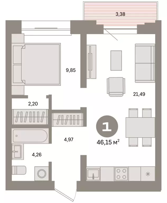 1-комнатная квартира: Тюмень, Причальная улица, 7 (46.15 м) - Фото 1