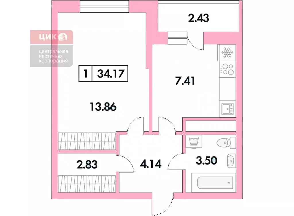 1-комнатная квартира: село Дядьково, Зелёная улица, 29 (34.17 м) - Фото 1