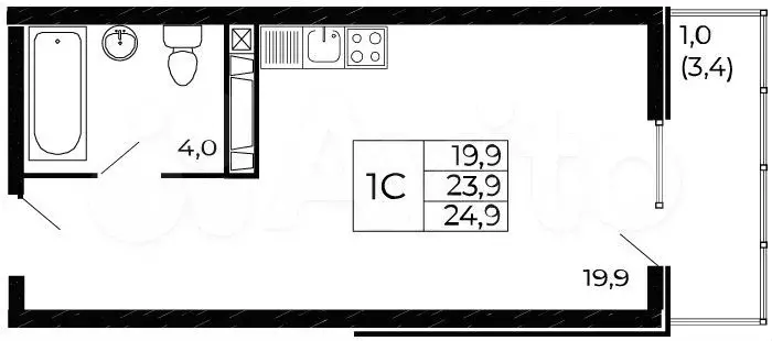 Квартира-студия, 24,9 м, 19/19 эт. - Фото 0