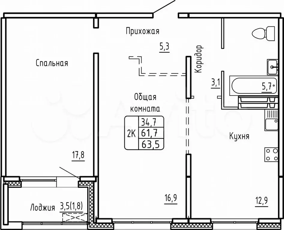 2-к. квартира, 63,5 м, 14/14 эт. - Фото 0
