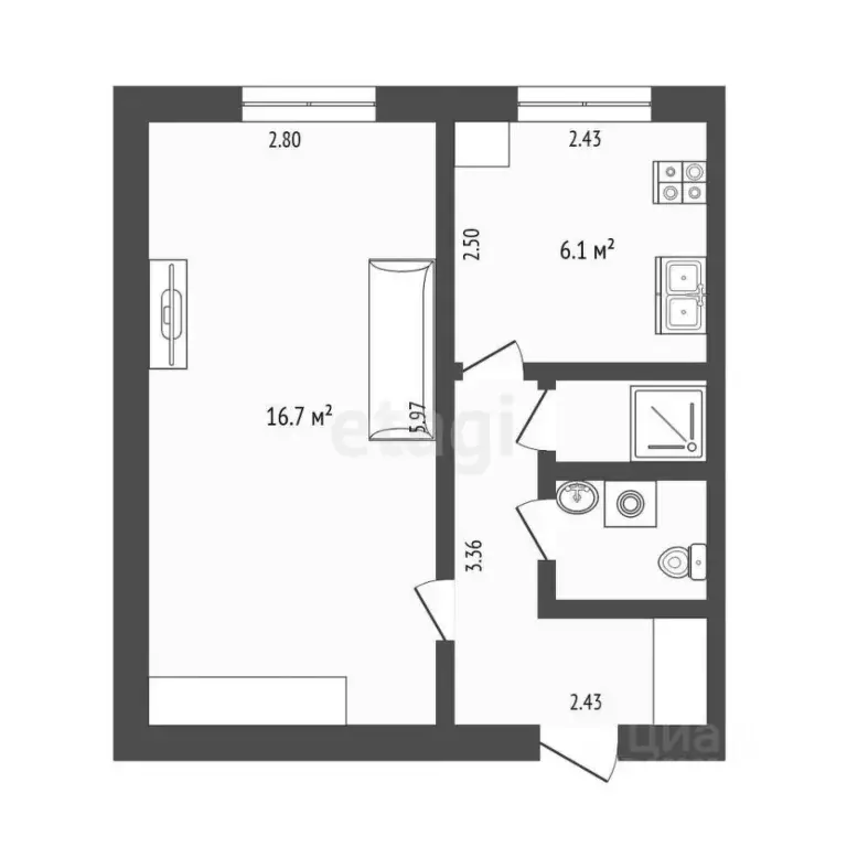 1-к кв. Тюменская область, Тюмень ул. Республики, 233 (30.4 м) - Фото 2