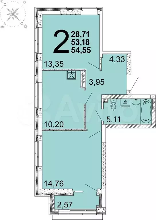 2-к. квартира, 54 м, 4/5 эт. - Фото 0