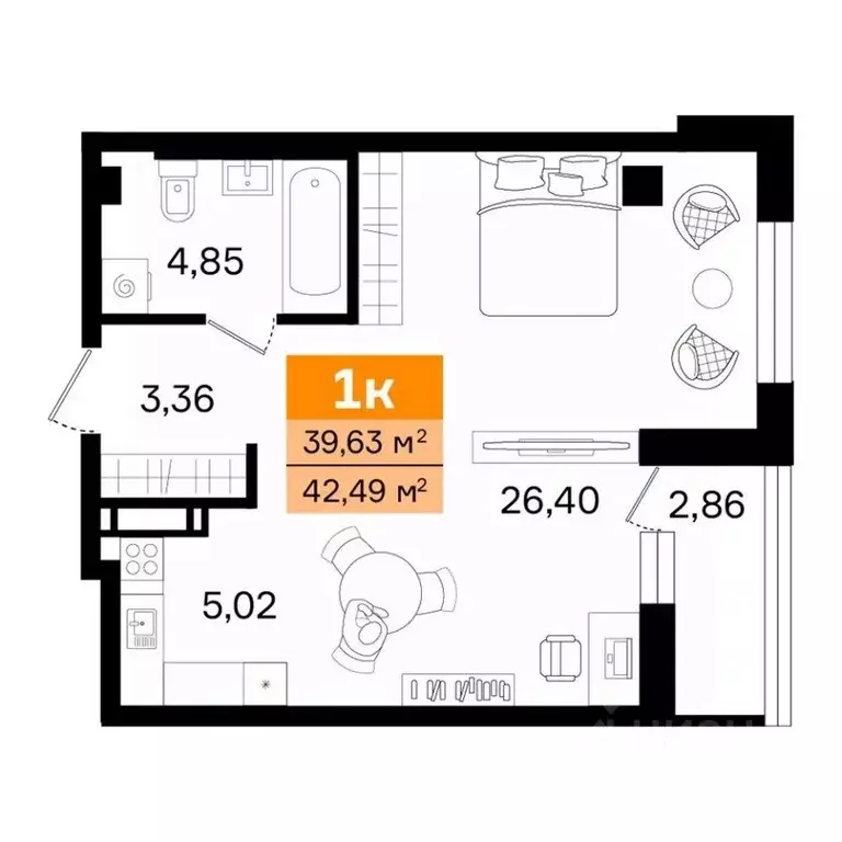 1-к кв. Курганская область, Курган просп. Конституции (42.49 м) - Фото 2