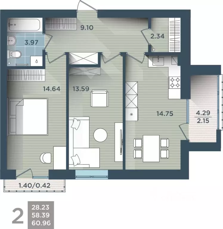 2-к кв. Калининградская область, Калининград ул. Сержанта Мишина, 81к3 ... - Фото 0