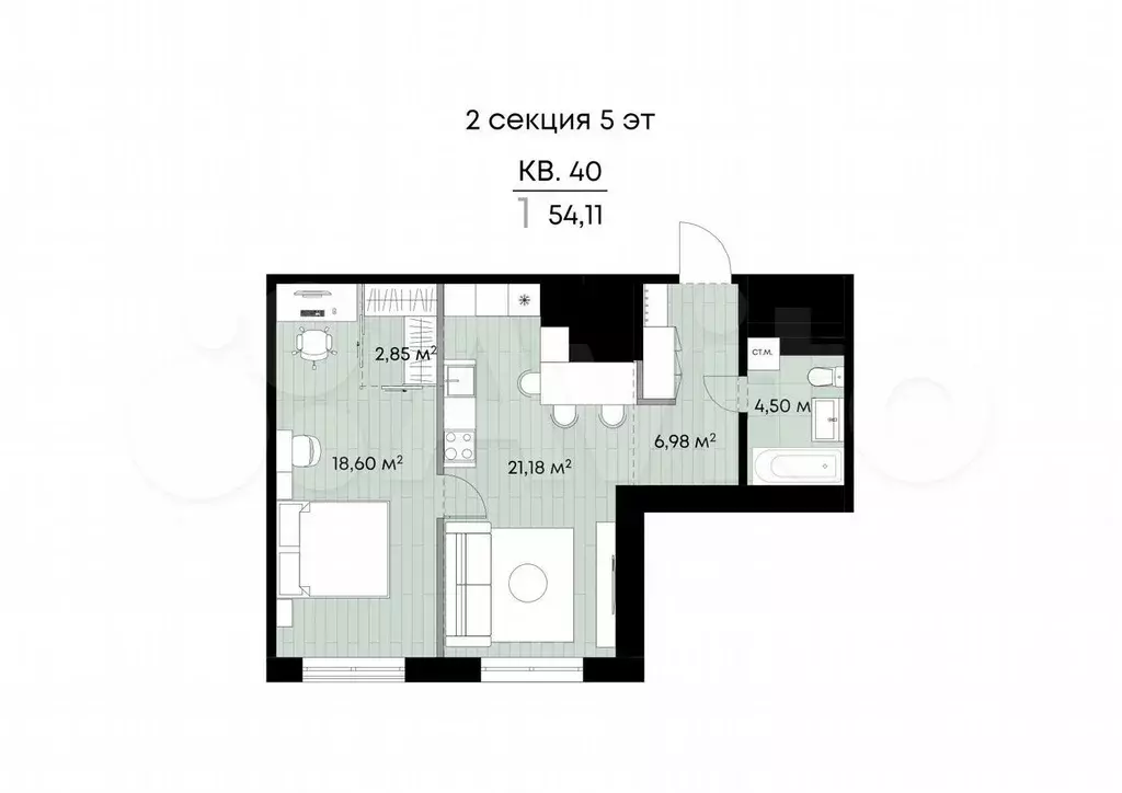 1-к. квартира, 54,1 м, 5/9 эт. - Фото 1