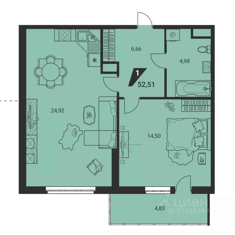 2-к кв. Свердловская область, Екатеринбург ул. Громова, 26/3 (52.51 м) - Фото 1