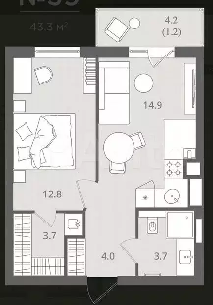 1-к. квартира, 40м, 2/7эт. - Фото 1