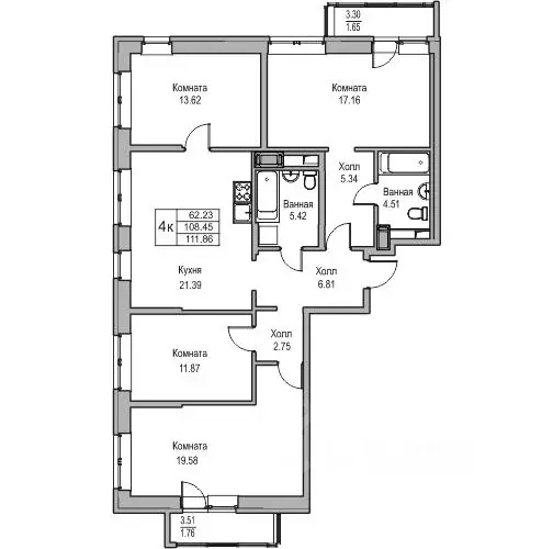 4-к кв. Санкт-Петербург ул. Ивинская, 1к1 (108.45 м) - Фото 0