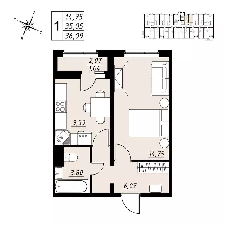 1-комнатная квартира: Тамбов, микрорайон Телецентр (36.09 м) - Фото 1