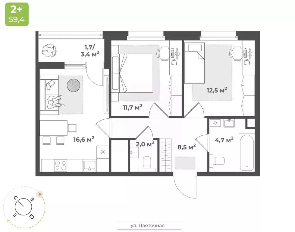 2-к кв. Тверская область, Тверь Соминка мкр,  (57.7 м) - Фото 1