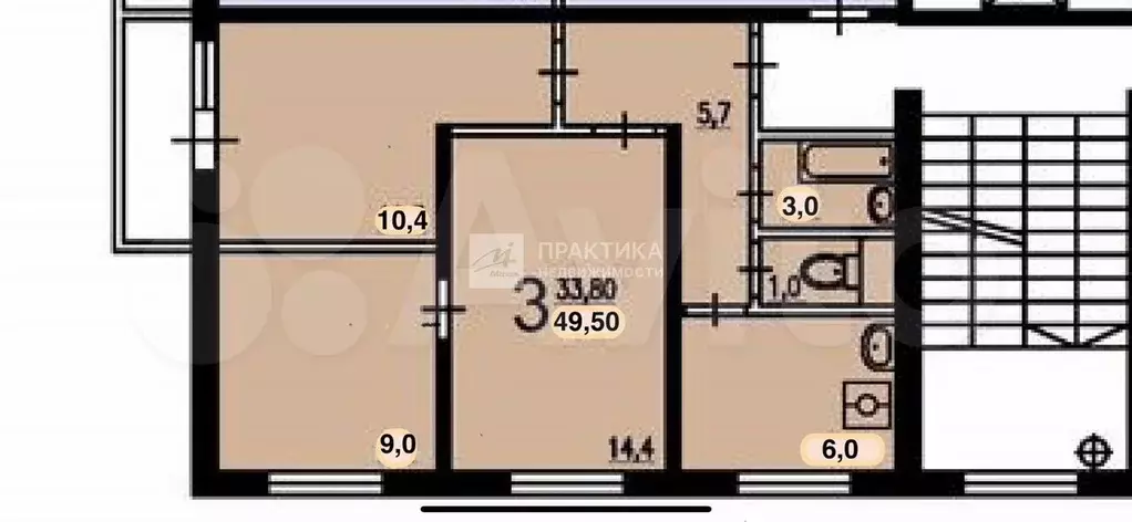 3-к. квартира, 49,5 м, 3/9 эт. - Фото 0