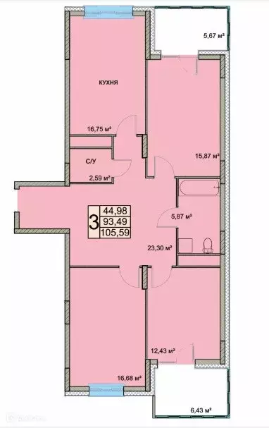Продаётся 3-к квартира, 105.59 м - Фото 0