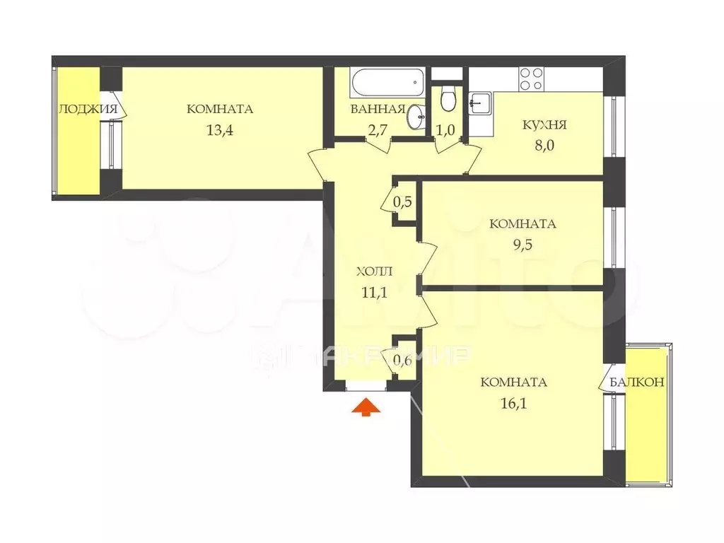 3-к. квартира, 63 м, 3/9 эт. - Фото 0