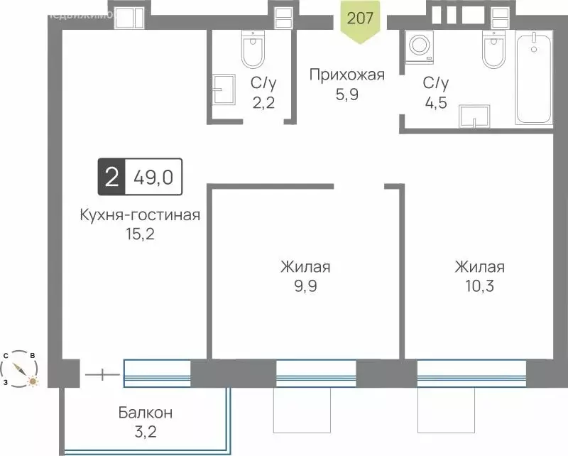2-комнатная квартира: посёлок Светлые Горы, квартал ... - Фото 1
