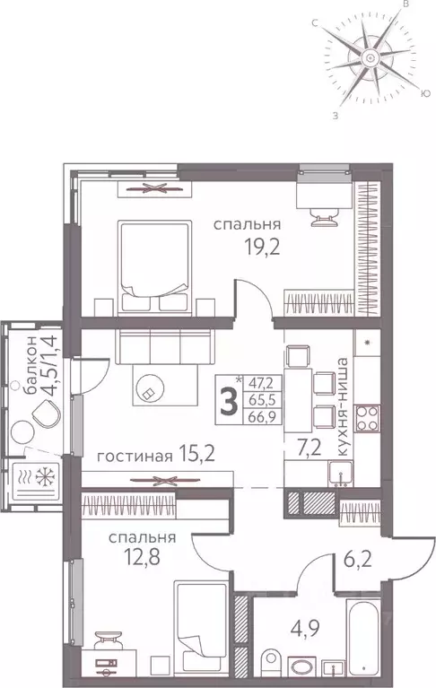 Студия Пермский край, Пермь ул. Серебристая, 3 (66.9 м) - Фото 1