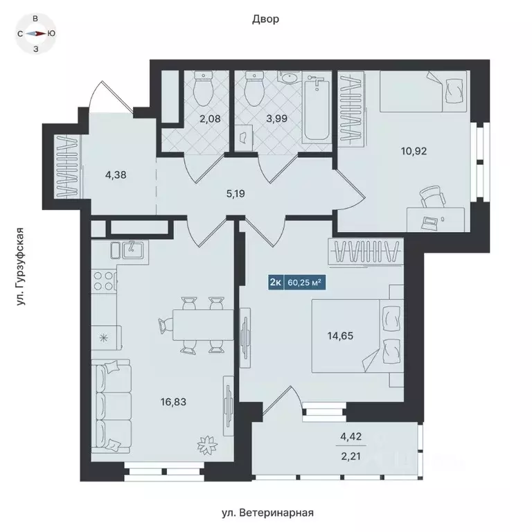 2-к кв. Свердловская область, Екатеринбург ул. Ветеринарная (60.25 м) - Фото 0
