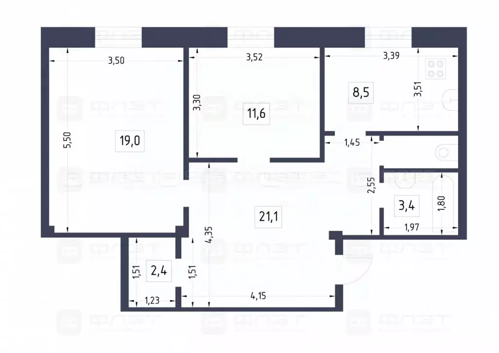 2-к кв. Татарстан, Казань ул. Хасана Туфана, 35 (67.8 м) - Фото 1