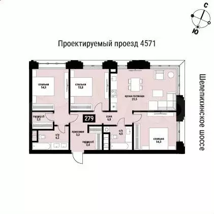 3-к. квартира, 93,9 м, 28/36 эт. - Фото 0