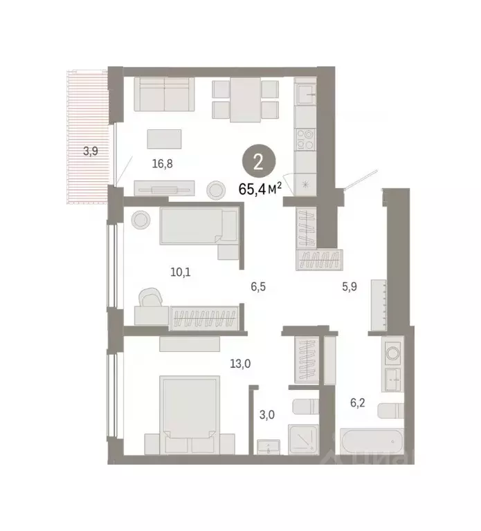 2-к кв. Омская область, Омск  (65.41 м) - Фото 2