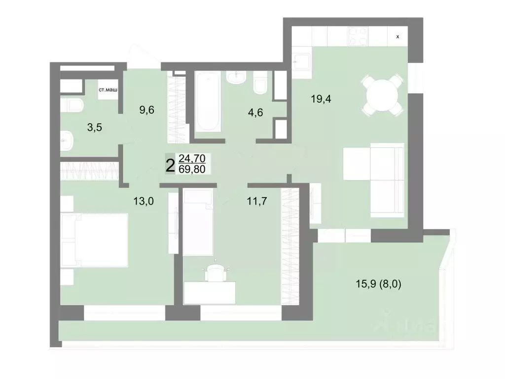 2-к кв. Свердловская область, Екатеринбург ул. Семена Лагоды, 80 (69.8 ... - Фото 1