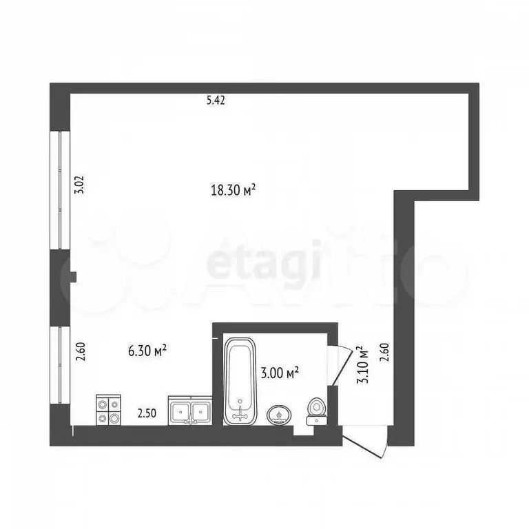 1-к. квартира, 31,8 м, 3/5 эт. - Фото 0