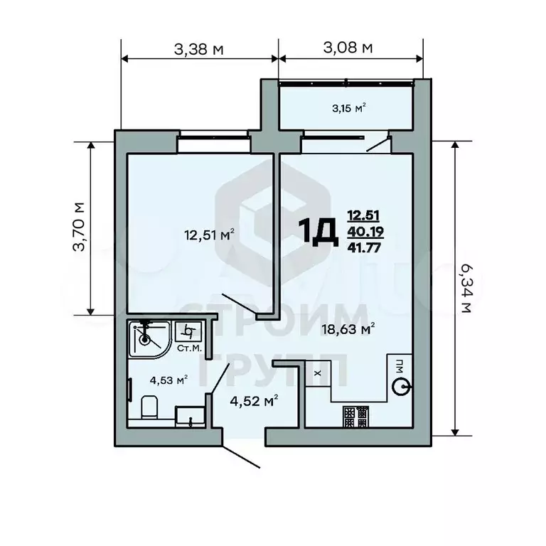 1-к. квартира, 41,8 м, 1/9 эт. - Фото 1