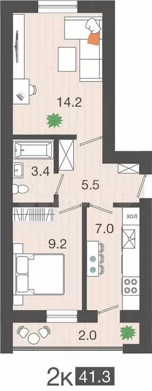 2-к. квартира, 41,3 м, 4/4 эт. - Фото 1