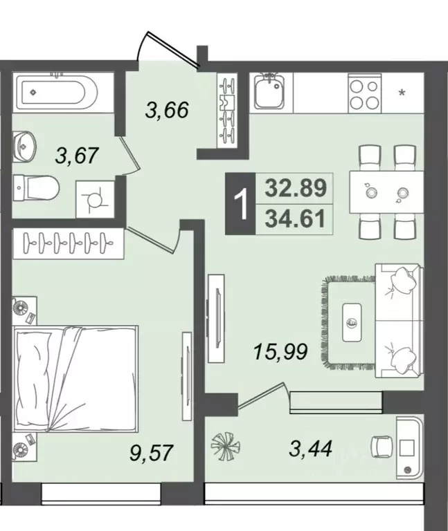 1-к кв. Брянская область, Брянск Новый Город жилой комплекс (34.61 м) - Фото 1