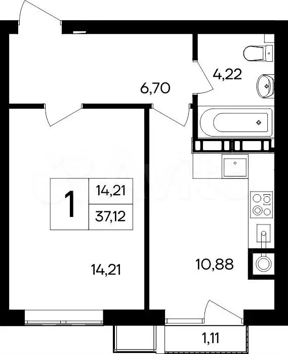 1-к. квартира, 37,1 м, 3/8 эт. - Фото 1