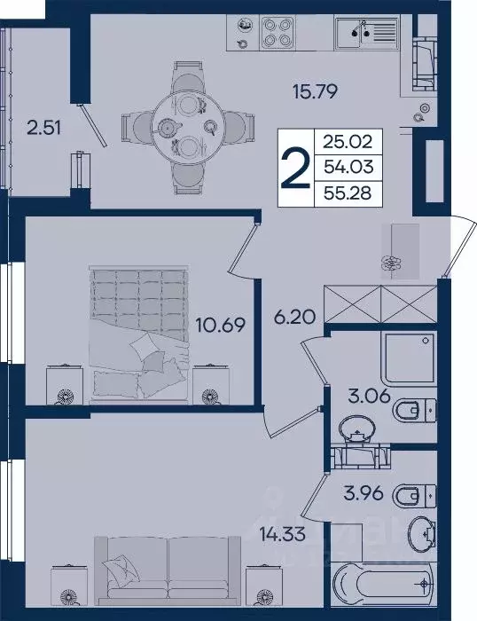 2-к кв. Краснодарский край, Краснодар  (55.28 м) - Фото 1