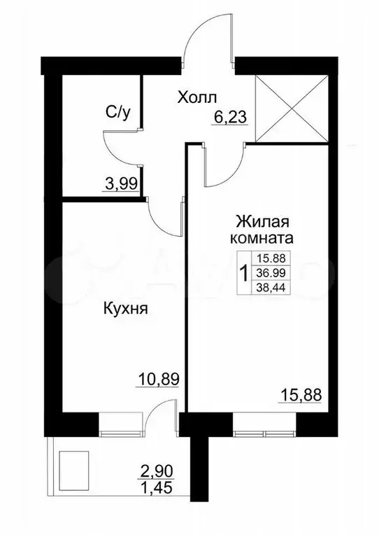 1-к. квартира, 38,4 м, 5/9 эт. - Фото 1