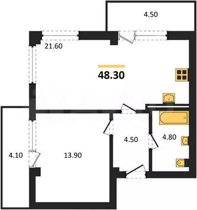 1-к. квартира, 48,3 м, 8/9 эт. - Фото 1