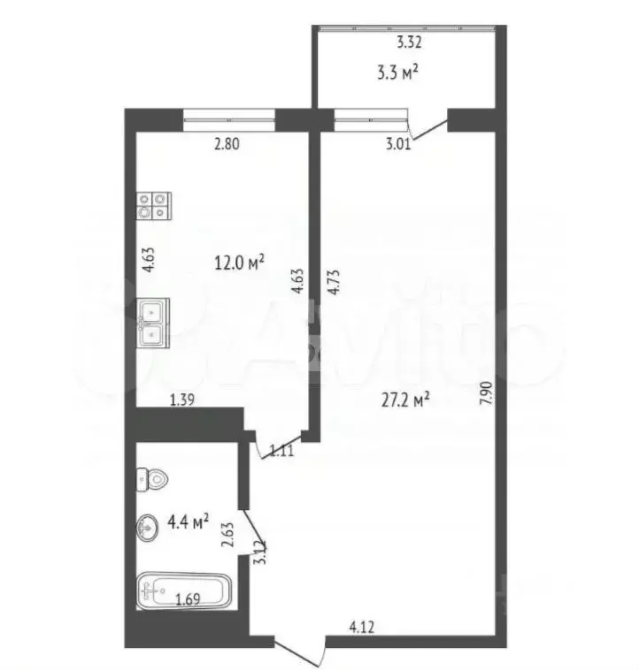1-к. квартира, 43,6 м, 2/9 эт. - Фото 0