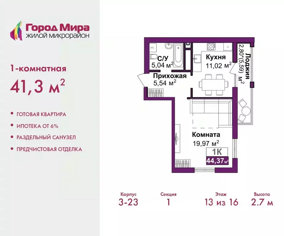 1-к кв. Крым, Симферополь Город Мира жилой комплекс (41.3 м) - Фото 1