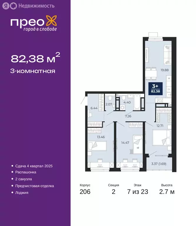 3-комнатная квартира: Тюмень, Арктическая улица, 16 (82.38 м) - Фото 0
