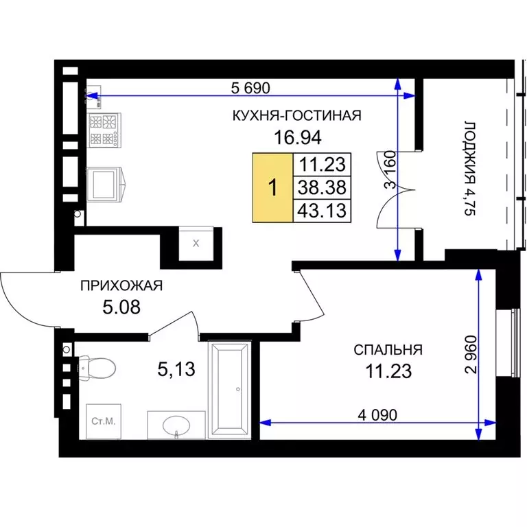 1-комнатная квартира: Гурьевск, жилой комплекс Включи (43.13 м) - Фото 0