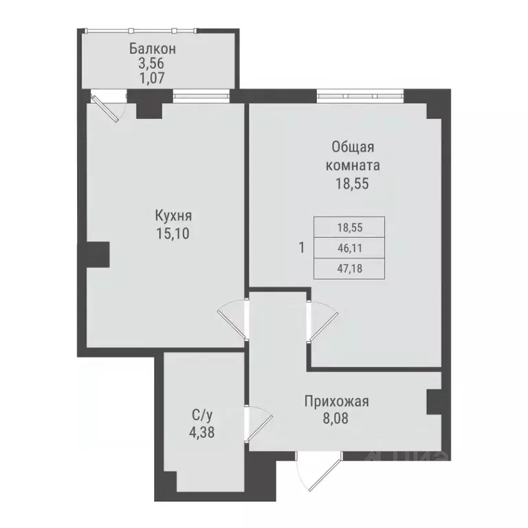1-к кв. Саха (Якутия), Якутск Парк Победы жилой комплекс (47.18 м) - Фото 1