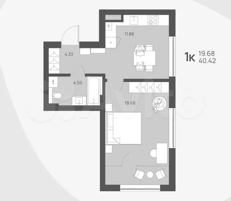 1-к. квартира, 40,4 м, 3/4 эт. - Фото 1