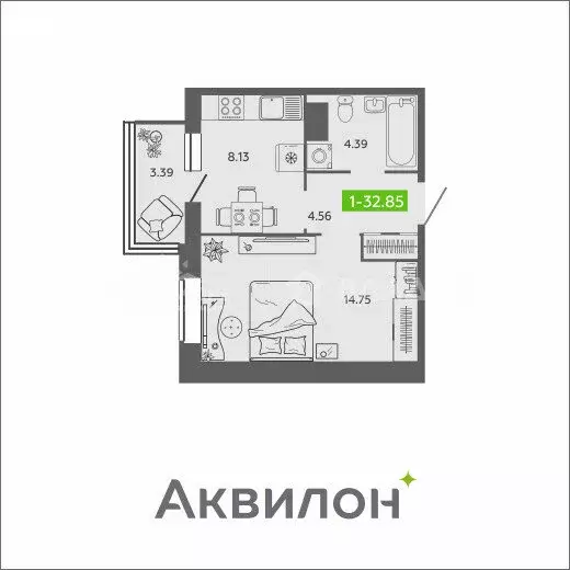 1-комнатная квартира: Архангельск, Северодвинская улица, 25А (32.85 м) - Фото 1