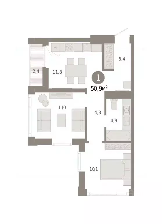 1-к кв. Тюменская область, Тюмень Зарека жилой комплекс (50.9 м) - Фото 2