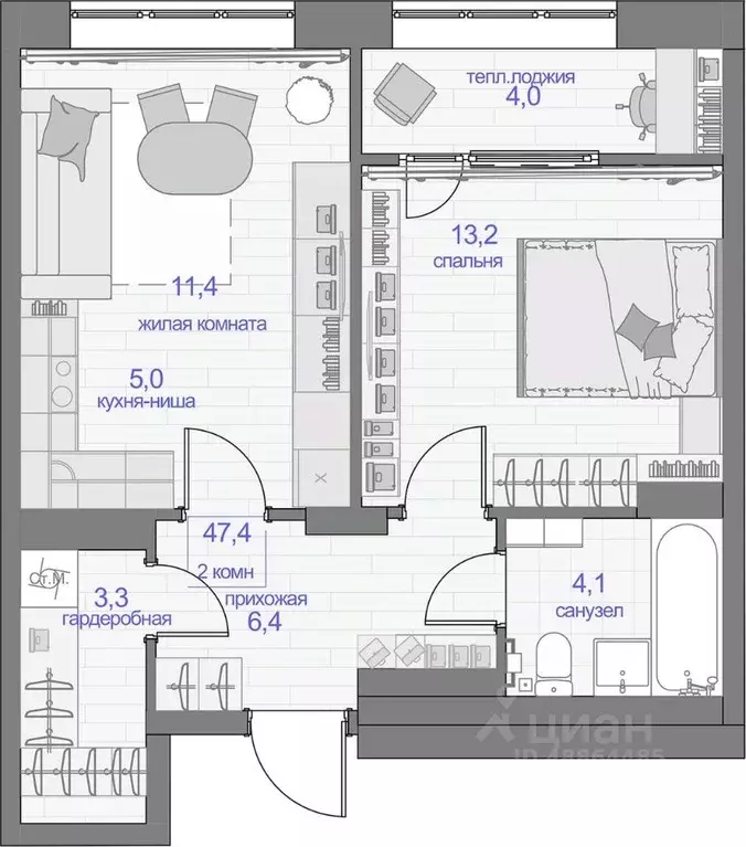 2-к кв. Красноярский край, Красноярск ул. Апрельская, 9А (47.4 м) - Фото 1