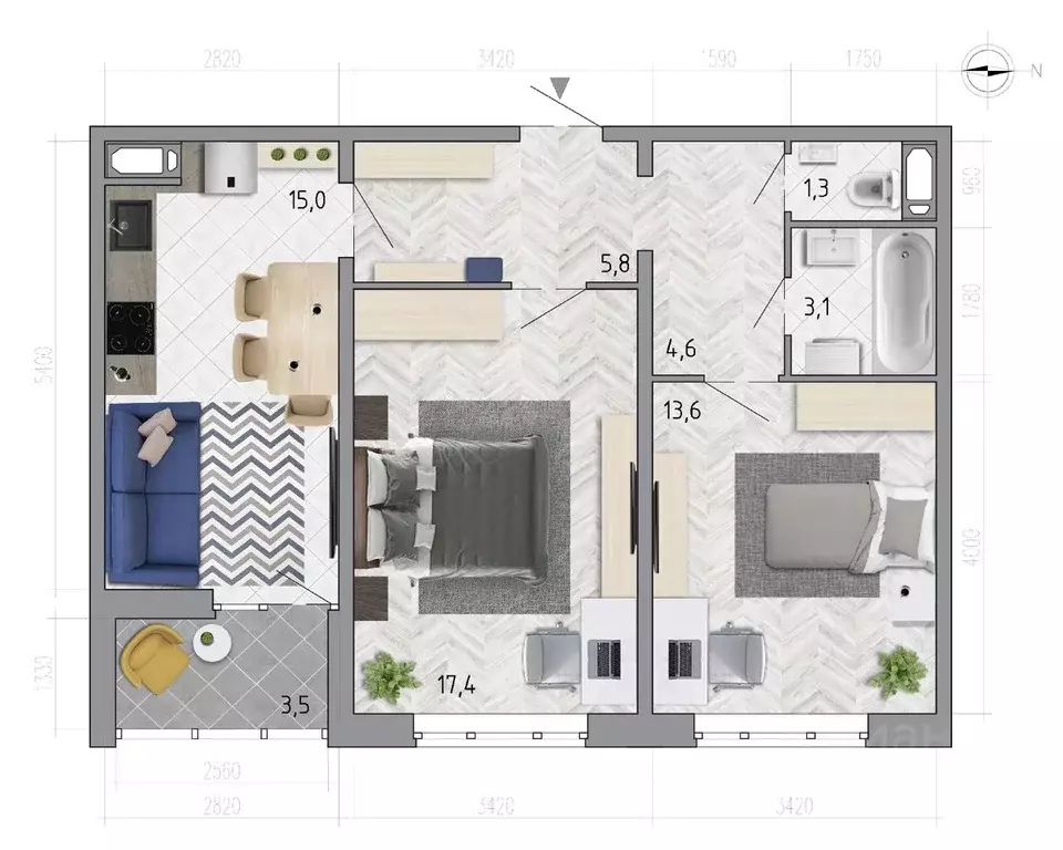 2-к кв. Воронежская область, Воронеж ул. Федора Тютчева, 107 (62.6 м) - Фото 1