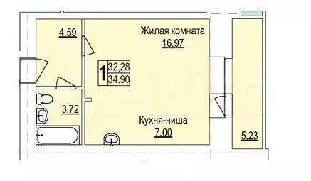 Квартира-студия, 34,9 м, 3/14 эт. - Фото 0