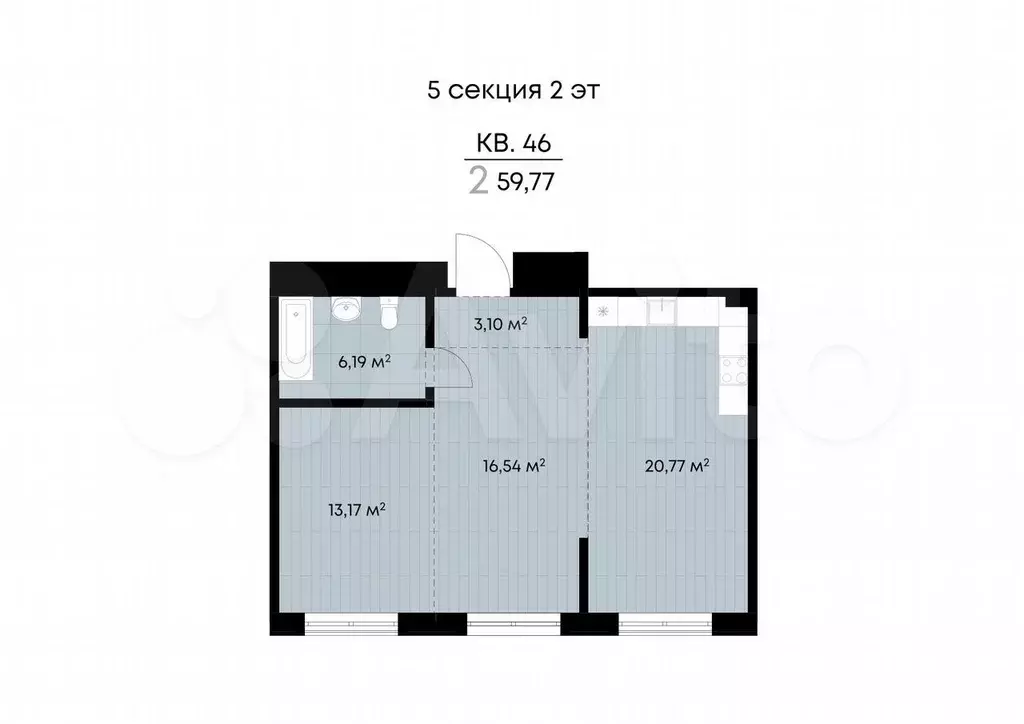 2-к. квартира, 59,8 м, 2/9 эт. - Фото 0
