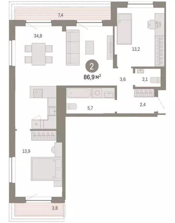 2-комнатная квартира: Тюмень, улица Молодогвардейцев, 5к1 (86.9 м) - Фото 1
