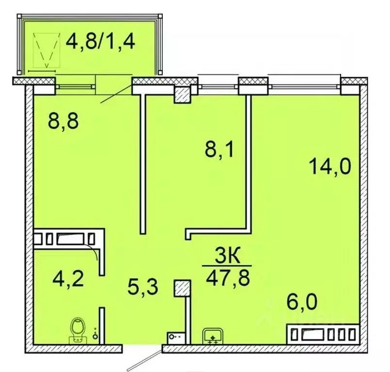 3-к кв. Красноярский край, Красноярск ул. Калинина, 175 (47.4 м) - Фото 1