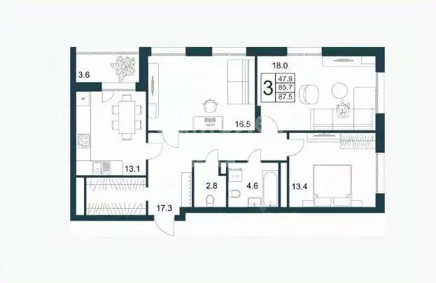 3-к кв. Липецкая область, Липецк Минская ул., 4Вк1 (87.5 м) - Фото 2